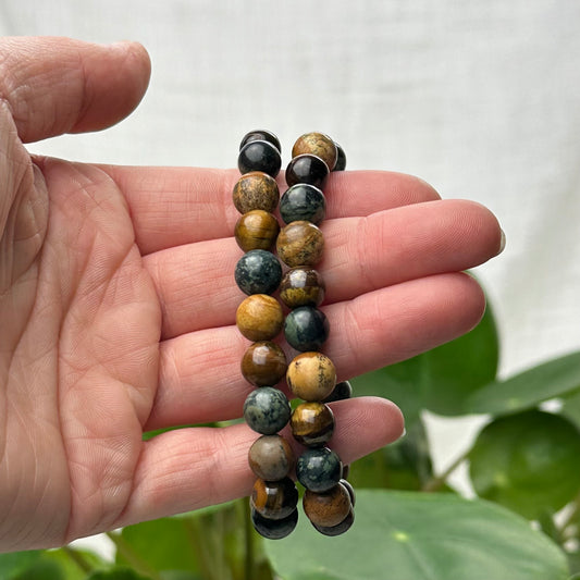 Mix van Tijgeroog, picturejaspis en kambabajaspis armband
